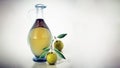 Glass olive oil bottle and raw olives isolated on white background. 3D illustration