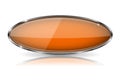 Glass orange button. Oval 3d button with metal frame. With reflection on white background