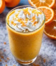 Glass of orange creamsicle smoothie with whipped cream, orange slices, and a straw, garnished with a slice of orange. AI Royalty Free Stock Photo