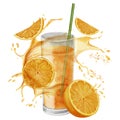 Glass of Orange Fruit Juice with slices of citrus food and splash. Watercolor hand drawn illustration of beverage on