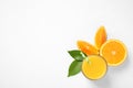 Glass of orange juice and fresh fruits on white background, top view Royalty Free Stock Photo