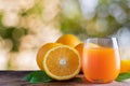 Orange juice with fresh fruits on wooden floor