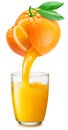 Glass of orange juice and fresh juice pouring from fruit into the glass on white background Royalty Free Stock Photo