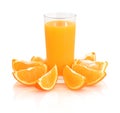 Glass of orange juice with fresh shiny orange slices around the glass isolated on white background with shadow reflection.