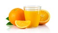 Glass with orange juice and fruits with green leaves isolated Royalty Free Stock Photo