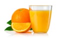 Glass with orange juice and fruits with green leaves isolated on Royalty Free Stock Photo