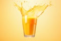 Glass of orange juice with liquid splashes on orange background, copy space. AI generated Royalty Free Stock Photo