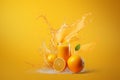 Glass of orange juice with liquid splashes and sliced oranges on orange background with copy space. AI generated Royalty Free Stock Photo