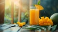 Glass of orange juice, mango slice on table Royalty Free Stock Photo