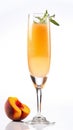 A glass of orange juice next to a peach. AI generative image. Peach Bellini Mocktail. Royalty Free Stock Photo