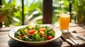 Glass of orange juice and plate of vegetable salad.