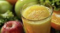 A glass of orange juice is positioned next to a colorful pile of assorted fruit, including apples, bananas, and oranges Royalty Free Stock Photo