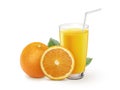 Glass of 100% Orange juice with pulp and sliced fruits isolate on white background