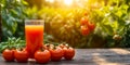 Glass of orange juice sits next to several tomatoes. Generative AI Royalty Free Stock Photo