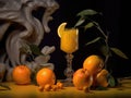 Glass of orange juice, sliced orange. Generative AI