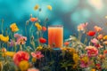 glass with orange juice on a small stump covered with moss. red pink and orange poppies all around