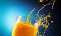 Glass of orange juice with splashes on a blue background close-up Royalty Free Stock Photo