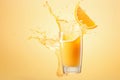 Glass of orange juice with splashes and a fruit slice flying in the air on orange background, copy space. AI generated Royalty Free Stock Photo