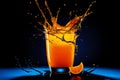 A glass of orange juice with splashes and a slice of orange nearby on a black background close-up Royalty Free Stock Photo