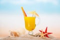 A glass of orange juice, starfish, sea shells and shell in the s Royalty Free Stock Photo