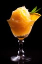 a glass with orange sorbet and a slice of lemon