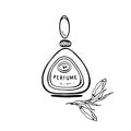 Glass oval perfume bottle with oval cap and flower buds. Black and white fashion sketches. Vector illustration