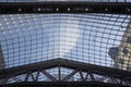 Glass pattern ceiling with buildings seen through. Skylight in train station