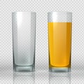 Glass of peach juice. Empty and full realistic transparent tall cup with orange drink. 3D objects vector fruit organic Royalty Free Stock Photo