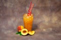 A glass of peach juice with salt and straws stands on a gray background next to ripe fruits Royalty Free Stock Photo