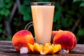 Glass of peach yoghurt and peaches on wooden table Royalty Free Stock Photo