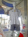 A glass pedestal with the symbols of the Confederations Cup 2017 and the 2018 World Cup in the metro station with a mannequin in t