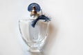 Glass perfume bottle with cobalt fringe on white background from above Royalty Free Stock Photo