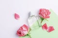 Glass perfume bottle and pink rose flowers on white and green background. Top view, flat lay, mockup Royalty Free Stock Photo