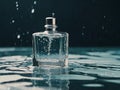 Glass perfume bottle standing in rippling water with a falling droplet Royalty Free Stock Photo