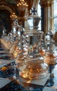 Glass perfume bottles and candles on table in luxury interior Royalty Free Stock Photo