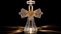 Glass perfume or holy water bottle showing wear to the gold gilding with an ornate cut out floral pattern isolated on