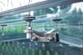 glass pergola steel roof mounts bolted fixed to transparent wall. Royalty Free Stock Photo