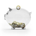 Glass piggy bank with euro coins. Side view Royalty Free Stock Photo