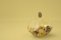 Glass piggy money bank with gold coins.3D illustration. Royalty Free Stock Photo