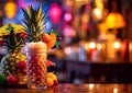 Glass of pina colada cocktail with pineapple slices and straw with cocktail cherry and umbrella on bar table.Macro.AI Generative Royalty Free Stock Photo