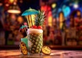 Glass of pina colada cocktail with pineapple slices and straw with cocktail cherry and umbrella on bar table.Macro.AI Generative Royalty Free Stock Photo