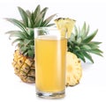 Glass of pineapple juice and group of pineapple fruits at the background. Studio shot isolated on white background Royalty Free Stock Photo