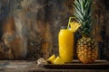 Glass of pineapple juice with a slice and whole pineapple Royalty Free Stock Photo