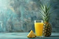 Glass of pineapple juice with a slice and whole pineapple Royalty Free Stock Photo