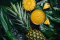 Glass of pineapple juice with a slice and whole pineapple Royalty Free Stock Photo