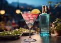 Glass with pink alcohol cocktail with orange slice and bottle on restaurant table.Macro.AI Generative