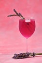 A glass of pink cocktail and lavender on a gradient magenta background Royalty Free Stock Photo