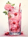 A Glass Of Pink Drink With A Straw And Fruit