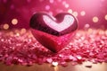 Glass pink heart on shimmering surface with confetti, festive background, glitter, warm blurred bokeh light Royalty Free Stock Photo