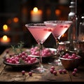 a glass of pink martini. Beautiful decor in the style of Barbie.